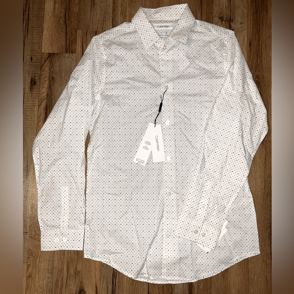 Calvin Klein Slim Fit Stretch Polka Dot White Collared Shirt